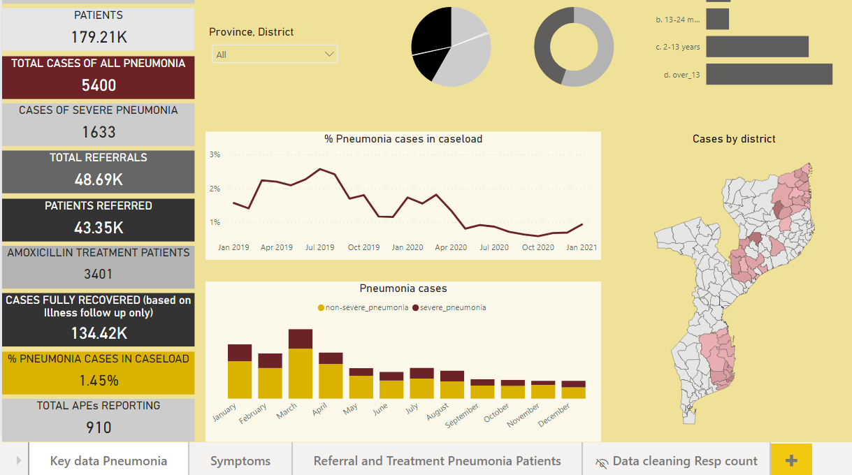 Data visualisation dashboard showing pneumonia case and patient data
